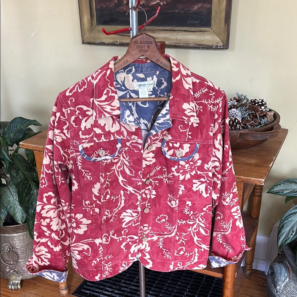 VINTAGE Coldwater Creek Tripical Floral Denim Jacket USA Fabric 100% Cotton